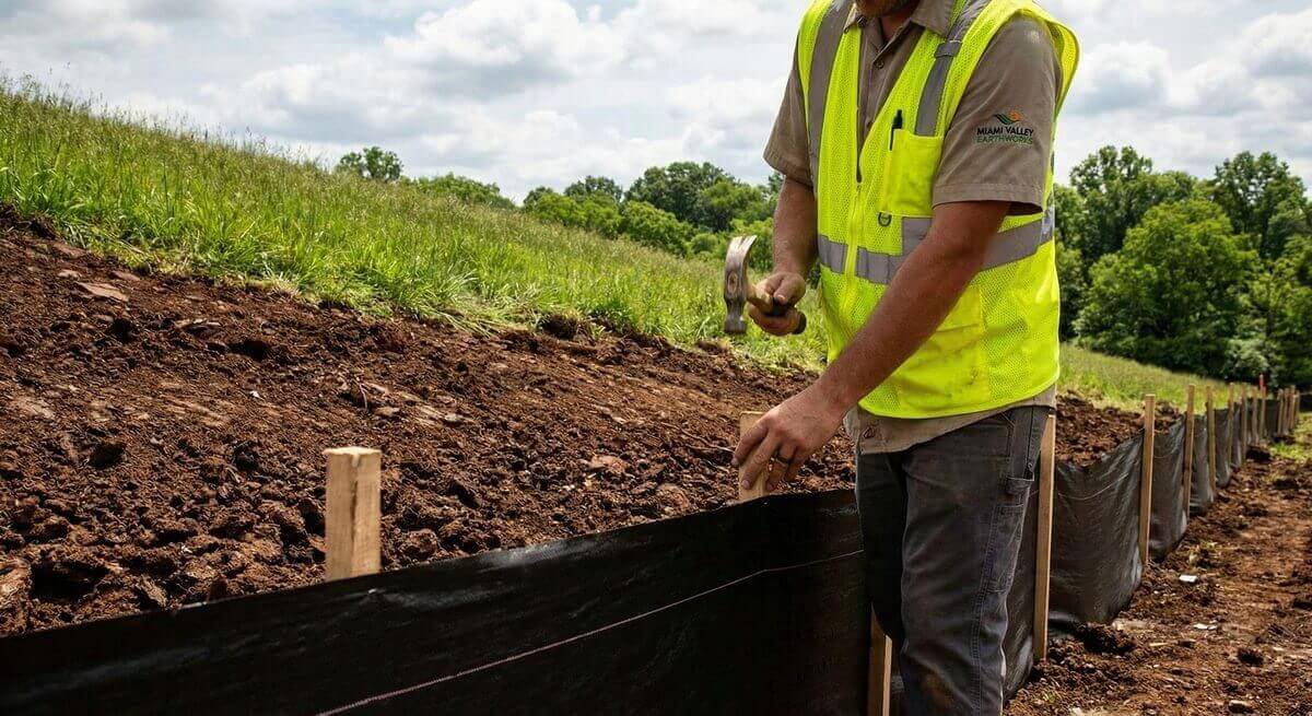 Silt fencing installation by Miami Valley Earthworks